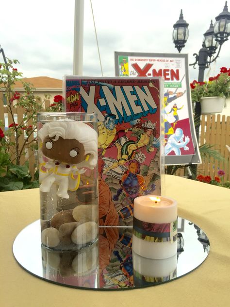 Comic Book Centerpieces, Superhero Wedding Theme, Comic Book Themed Wedding, Avengers Wedding, Comic Wedding, Marvel Wedding, Non Floral Centerpieces, Comic Book Wedding, Batman Wedding