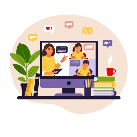 Online learning concept. Online class. Teacher at chalkboard, video lesson. Distance study at school. Vector illustration. Flat style. Online Learning Illustration, Education Banner, Education Icon, Vector Online, Kids Study, Online Teachers, Online School, Online Education, Video Lessons