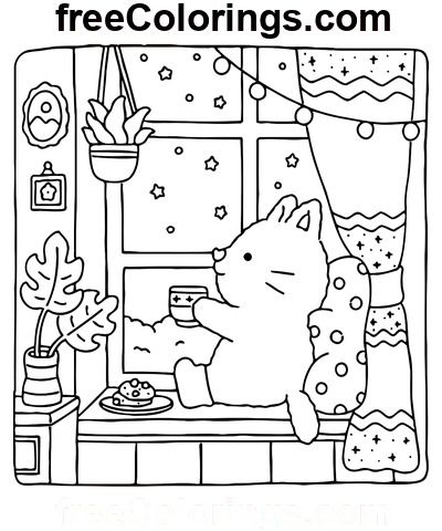 Fuzzy Hygge Cat On The Windowsill – Free Printable Coloring Pages Hygge Colors, Cozy Hygge, Watercolor Books, Music Coloring, Coloring Book For Adults, Book Drawing, Cool Coloring Pages, Cute Coloring Pages, Free Printable Coloring Pages