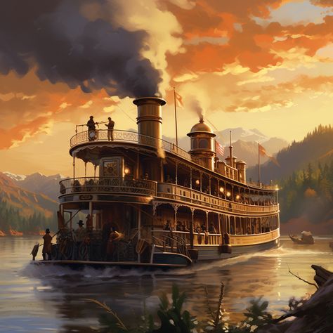 Steampunk Riverboat, Steamboat Aesthetic, Steampunk Boat, Josh Core, Robert Fulton, Space Ships Concept, Space Ship Concept Art, Adventure World, Dungeon Maps