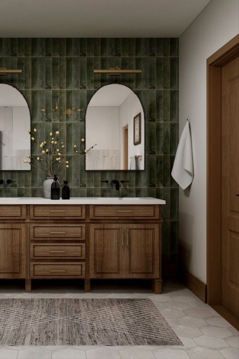 Why Modern Bathroom Suites Are a Must-Have for Your Home Master Bath Makeover, Master Bath Tile, Modern Master Bath, Green Ties, Green Tile Bathroom, Bath Makeover, Mid Century Modern Bathroom, Mid Century Bathroom, Focal Wall