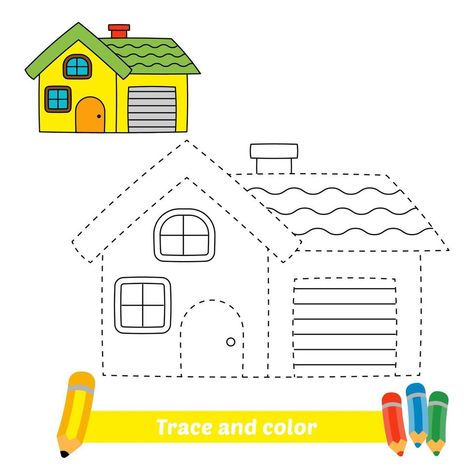 Basic Drawing For Kids, Trace And Color, Handwriting Activities, Kids Worksheets Preschool, Tracing Worksheets Preschool, Alphabet Activities Preschool, Fine Motor Skills Activities, Fun Worksheets, House Vector