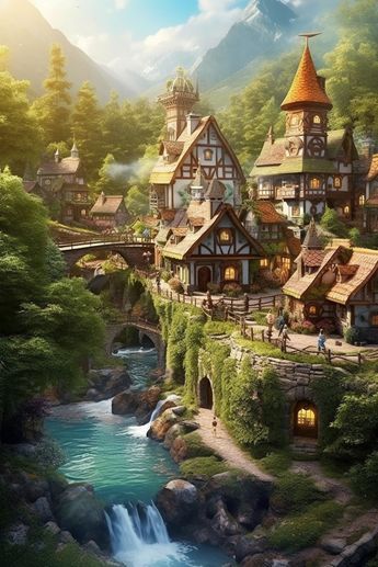 Fantasy Setting Village, Vila Medieval, Fantasy Scenery, Fantasy Cottage, Fantasy Village, Fantasy Town, Scenic Pictures, Ancient Kingdom, Fairytale Cottage