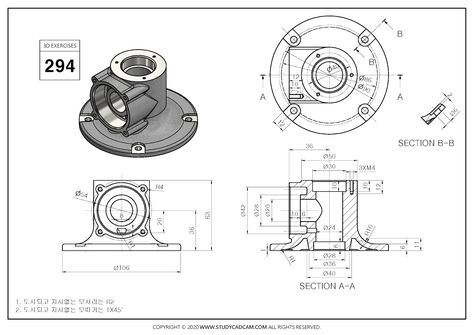 3D CAD EXERCISES 294 - STUDYCADCAM Autocad 3d Modeling, 3d Cad Exercises, Explosion Drawing, Design Thinking Tools, Autocad Isometric Drawing, Cad Cam Design, Solidworks Tutorial, 3d Geometry, Section Drawing