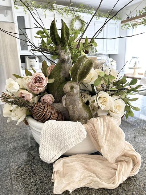 French Country, Cottage & Farmhouse | So ready for spring 🤍🤎 | Facebook Wooden Pantry, Easter Table Centerpieces, Rabbit Statue, Traditional Dining Chairs, Rabbit Wall Art, Bunny Figurine, Spring Easter Decor, Antique Farmhouse, Easter Ideas