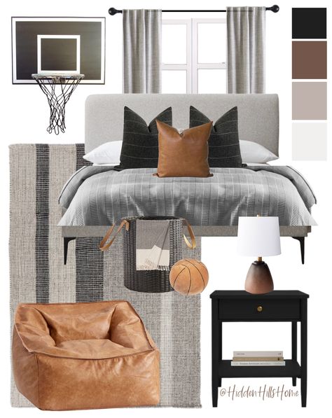 Boys Bedroom Grey, Young Mans Bedroom, Themed Bedroom Ideas, Grey Upholstered Bed, Sports Room Boys, Man Bedroom, Basketball Bedroom, Basketball Room