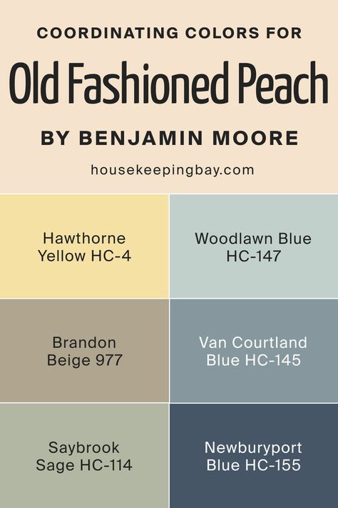 Old Fashioned Peach OC-79    Coordinating Colors by Benjamin Moore Blue Yellow Living Room Color Scheme, Hawthorne Yellow Benjamin Moore, Benjamin Moore Hawthorne Yellow, Benjamin Moore Yellow, Blue Complementary Color, Beach Exterior, Peach Paint Colors, Hawthorne Yellow, Yellow House Exterior