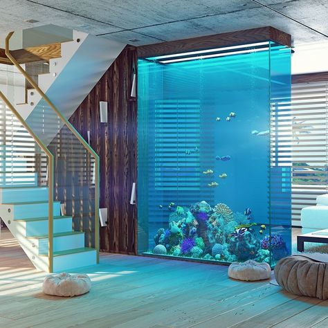 Modern Loft Interior, Fish Tank Wall, Big Aquarium, Wall Aquarium, Amazing Aquariums, Cool Fish Tanks, Fish Tank Design, Aquarium Ideas, Home Aquarium