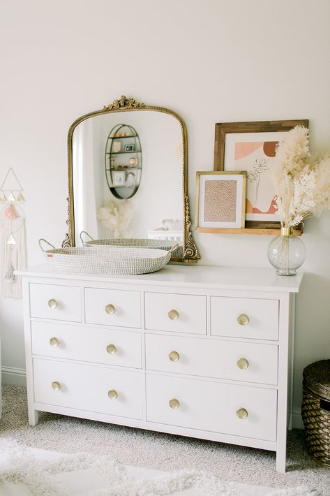 White And Gold Changing Table, Mirror Over Nursery Dresser, Gold Changing Table, Gold Mirror For Nursery, Changing Table Mirror, Changing Table With Mirror, Nursery Dresser Changing Table Decor, Baby Nursery Mirror, Nursery Mirror Over Changing Table