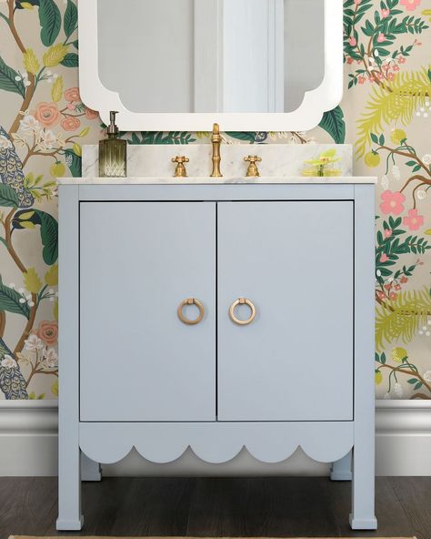 With spring right around the corner, it's the perfect time to refresh your powder or master bath 🌸 From mirrors & vanities to towels and… | Instagram Bathroom Decor Traditional, Scalloped Vanity, Traditional Bathroom Design Ideas, Timeless Bathrooms, Classic Bathroom Decor, Traditional Bathroom Design, Traditional Home Decorating, Timeless Bathroom Design, Marble Bathroom Vanity