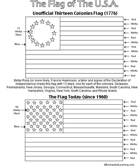 July 4th Activity Book (Flag printout to color) - EnchantedLearning.com Colonies Project, 13 Colonies Flag, 13 Colonies Map, 13 Colonies Activities, American Flag History, American Flag Coloring Page, Fourth Of July Crafts For Kids, Social Studies Notebook, American Heritage Girls