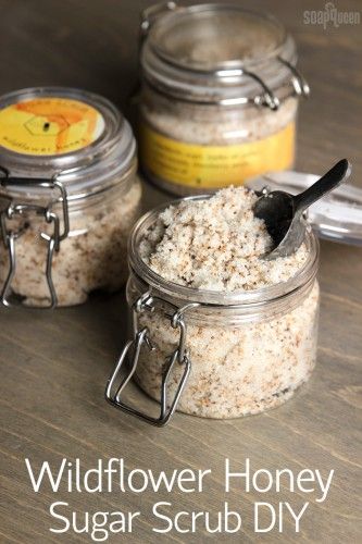 Homemade Body Scrubs, Honey Sugar Scrub, Easy Sugar Scrub, Strawberry Seeds, Scrub Diy, Body Scrub Recipe, Sugar Scrub Homemade, Wildflower Honey, Sugar Scrub Recipe