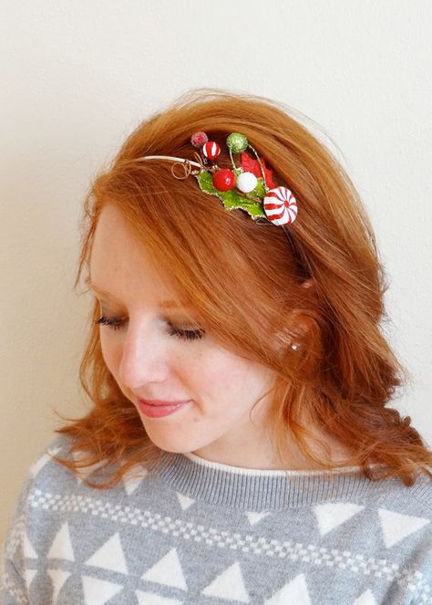 christmas headband adult tacky sweater party by thehoneycomb Peppermint Headband, Christmas Hair Band, Christmas Headbands Women, Christmas Headband Diy, Christmas Hair Ideas, Alice Bands, Tacky Sweater, Christmas Mask, Bow Designs