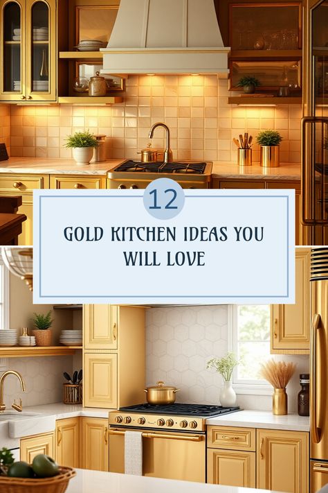 Looking for kitchen inspiration? Check out these 12 stunning gold kitchen ideas that can transform your cooking space into a chic haven. From elegant golden accents to breathtaking cabinetry, each idea offers a fresh take on gold interior design. Whether you're considering a complete makeover or just a quick update, these inspirations will have you dreaming of your perfect gold kitchen. Embrace the beauty of gold fixtures, cabinetry, and decor to add sophistication and warmth to your home. Brighten up your space with these fashionable choices! Kitchen Cabinet Gold Pulls, Kitchen Black Windows, Gold Kitchen Ideas, Sparkle Kitchen, Gold Kitchen Island, Gold Interior Design, Gold Light Fixture, Gold Faucet, Gold Tile