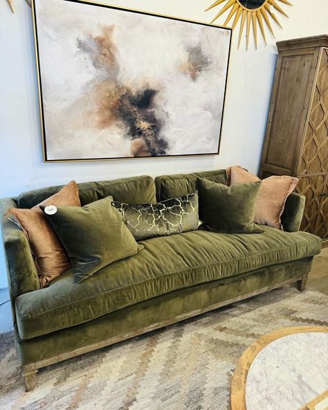 We carry such a wide variety of sofas! Not only do we have our luxe fluffy Teddy sofa, we also have our stunning vintage velvet options, and our top grain Italian ones! We also carry a fully customizable line. ❤️ #sofas #couch #velvet #velvetfurniture #livingroomfurniture #livingroom #livingroomdesign #chaiselounge #chaise #dfwdesigner #olivegreensofa #olivegreen #interiordesign #interiordesigner #rockwalltexas #rockwalltx Vintage Sofas Living Room, Olive Green House Decor, Olive Green Furniture Living Room, Olive Green And Brown Living Room, Olive Green Sofa Living Room Ideas, Vintage Green Sofa, Olive Green Couch, Velvet Green Sofa, Nc Flag