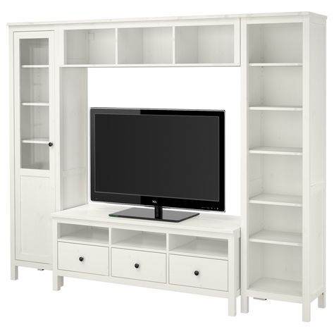 HEMNES TV storage combination - white stain - IKEA  Width: 97 1/4 " Min. depth: 14 5/8 " Max. depth: 18 1/2 " Height: 77 1/2 " Ikea Hemnes Tv Stand, Ikea Tv Unit, Ikea Tv Stand, Ikea Tv, White Tv Stands, Tv Storage, Flat Screen Tv, Ikea Hemnes, Tv Stand With Storage