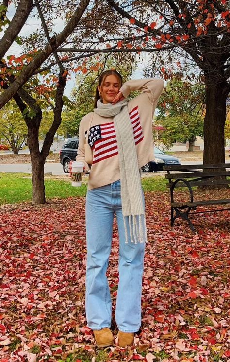 Nautical Fall Outfits, Cold Country Outfit, Usa Sweater Outfit, American Flag Sweater Outfit, Flag Sweater Outfit, American Style Outfit, Fall Boho Outfits, Mountain Poses, Off The Shoulder Sweater Outfit