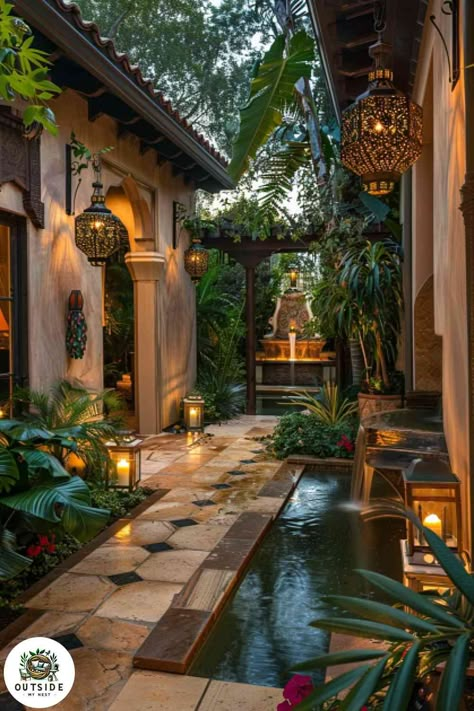 25 Coolest Ceramic Patio Tile Ideas Meditterean Courtyard Garden, Moroccan Water Feature, Mediterrean Garden Outdoor Spaces, Bohemian Courtyard Ideas, Courtyard Garden Design Ideas, Moroccan Exterior Design, Courtyard Ideas Inside House, Moroccan Courtyard Garden, Tile Courtyard