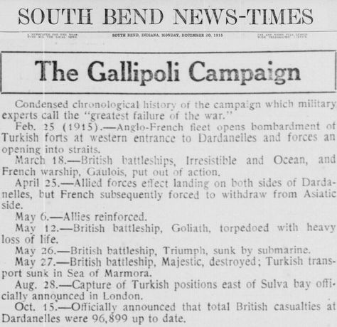 "The Gallipoli Campaign" South Bend News-Times 20 Dec 1915 Gallipoli Campaign, South Bend Indiana, Anzac Day, South Bend, Pics Art, The Republic, Bend, Indiana, History