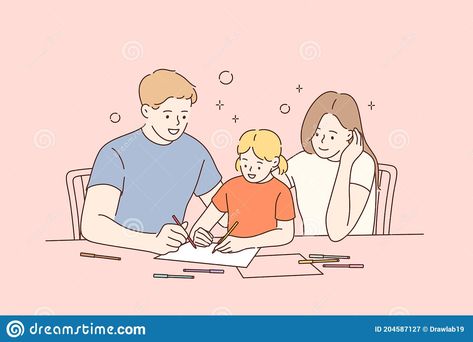 Family Time Illustration, Happy Family Drawing Sketch, Happy Family Drawing, Happy Family Cartoon, Father And Daughter Drawing, Parenting Illustration, Family Help, Home Together, Family Drawing