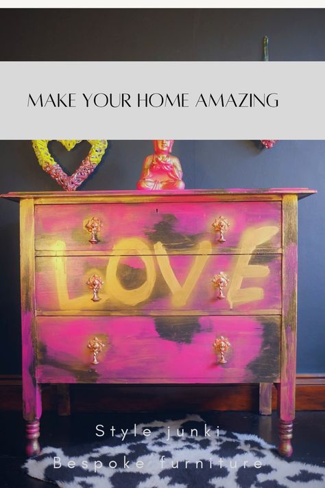 Bold punk graffiti decor stand out be different Trending Furniture, Graffiti Furniture, Oak Chest Of Drawers, Statement Furniture, Hand Sculpture, Pink Paint, Furniture Knobs, Pink Art, Bespoke Furniture