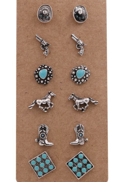 Cowgirl Style Hat Pins/Earrings Comes In A Set Of 6 Pairs Stud Style Posts Silver & Turquoise Wetsern Earrings, Western Earring Stack, Western Piercings, Cowgirl Accessories Earrings, Cowgirl Earrings Western, Cowboy Jewelry Girl, Country Earrings, Western Jewellery, Western Fashion Jewelry