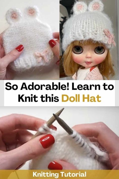 In this step by step knitting tutorial, you will learn how to knit an adorable doll hat. This hat is designed to fit dolls with 1:3 scale heads (including Blythe dolls). The pattern to make this doll hat is free and is in PFD format, as well as all the supplies that the creator of this tutorial used to create this project. Making this hat for dolls is very easy and the result is adorable. It is an incredible gift for your children, nephews or perhaps the children of your friends, they... Doll Hat Patterns To Sew, Knit Doll Hat Free Pattern, Blythe Doll Knitting Patterns Free, Blythe Knitting Patterns Free, Blythe Hat Pattern, Blythe Doll Patterns, Blythe Clothes Pattern Free, Doll Hat Pattern, Knit Doll Hat