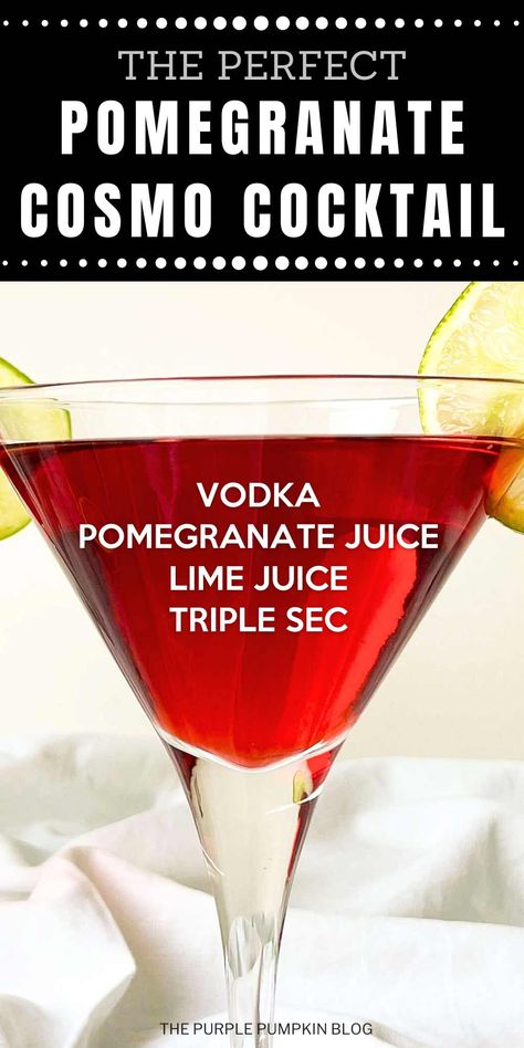 Take your taste buds on a luxurious journey with this Pomegranate Cosmopolitan cocktail, where the crisp notes of vodka blend perfectly with the tartness of pomegranate juice and the sweetness of triple sec. A delectable twist on the classic Cosmo that will have you feeling indulgent in every sip. Recipes Using Pomegranate Juice, Pom Juice Cocktail, Cosmo Recipe Cocktails, Pitcher Of Cosmos Recipe, Cocktails With Pomegranate Juice, Drinks With Pomegranate Juice, Pomegranate Cosmopolitan, Pomegranate Cosmo, Pomegranate Vodka Cocktail