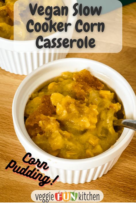 This vegan creamed corn casserole recipe is a 100% plant-based take on the classic, conventional cornbread casserole. Made easy with the help of a crockpot (or another slow cooker), the vegan corn pudding uses blended silken tofu to produce its deliciously creamy texture. It's a terrific savory side dish with sweet corn undertones to accompany your plant-based meal. Corn Pudding Crockpot, Vegan Corn Pudding, Vegan Creamed Corn, Vegan Corn Casserole, Winter Sides, Slow Cooker Corn Casserole, Creamed Corn Casserole, Creamed Corn Casserole Recipe, Vegan Shredded Cheese