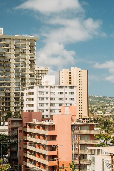 Cityscape with apartments, condos and hotel buildings in Waikiki, Honolulu, Hawaii, USA. Hawaii Apartment, Pearl City Hawaii, City Apartments, Hotel Building, Hawaii Usa, Honolulu Hawaii, City Apartment, East West, Apartment Building