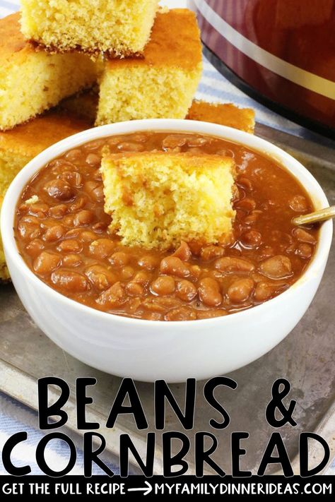 Crockpot Beans, Crockpot Cornbread, Bean Soup Crockpot, Beans And Cornbread, Beans In Crockpot, Slow Cooker Bread, Soup Beans, Fall Dinner Recipes, Corn Bread Recipe