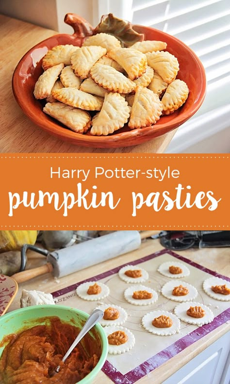 The Baker Upstairs: Pumpkin Pasties Harry Potter Feast, Harry Potter Treats, Harry Potter Desserts, Harry Potter Snacks, Harry Potter Parties Food, Harry Potter Movie Night, Pumpkin Pasties, Harry Potter Marathon, Harry Potter Day