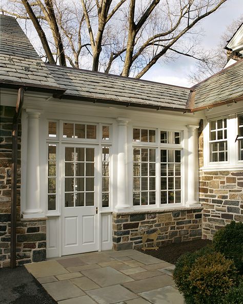 Enclosed Breezeway, Tuscan Column, Covered Walkway, Porte Cochere, Home Addition, House With Porch, Doors And Windows, Home Additions, Stone Houses