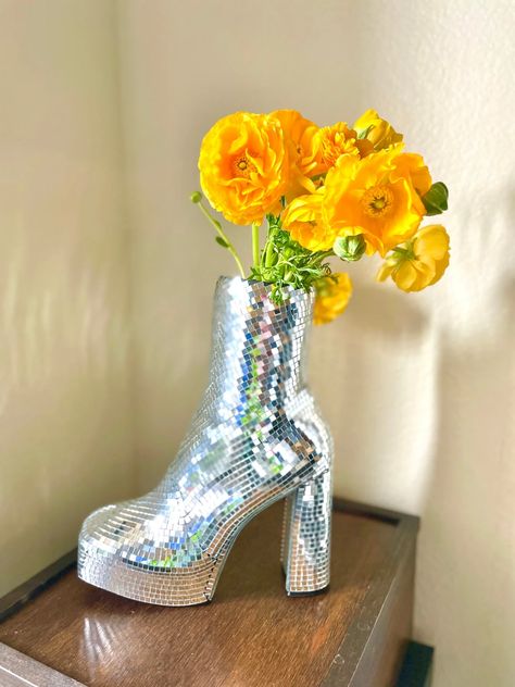 This Vases item by TheDiscoShop has 66 favorites from Etsy shoppers. Ships from Tempe, AZ. Listed on May 4, 2023 Disco Cowgirl Interior Design, Boot Vase, Airbnb Ideas, Deco Studio, Funky Decor, Tempe Az, Room Stuff, Boutique Interior, Mirror Tiles