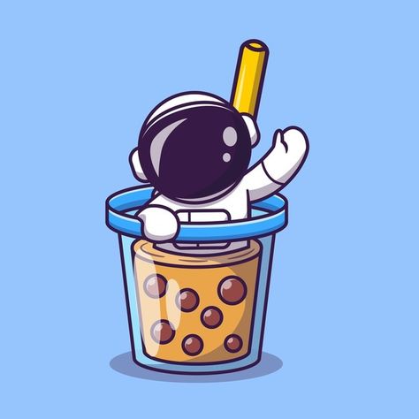 Cute astronaut in boba milk tea cup cart... | Premium Vector #Freepik #vector #logo #food #menu #coffee Organic Food Logo, Kawaii Boba, Astronaut Cartoon, V Chibi, Boba Milk Tea, Space Food, Tea Logo, Boba Milk, Cute Astronaut