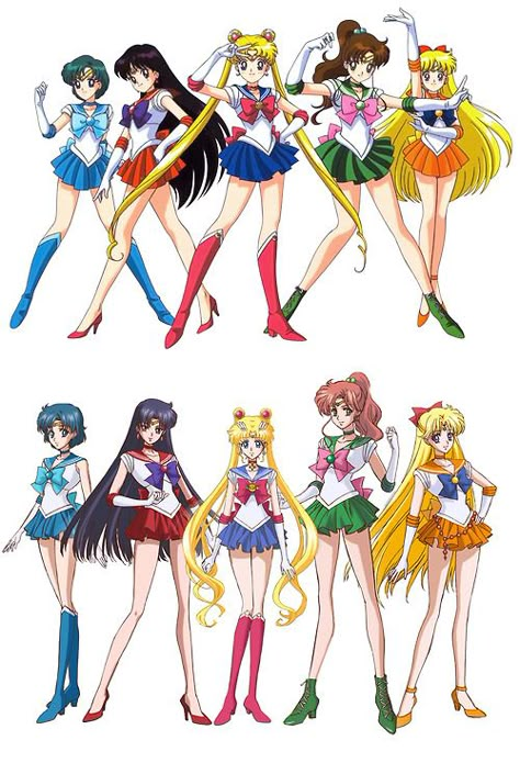 Original Sailor Moon Characters (Top) Vs, New 2014 Designs (Bottom) Sailor Scouts Costume, Salior Moon Costume, Sailor Venus Costume, Sailor Moon Character Design, Sailor Moon Full Body Pose, Sailor Moon All Sailors, Salior Moon Characters, All Sailor Moon Characters, Sailor Moon Poses