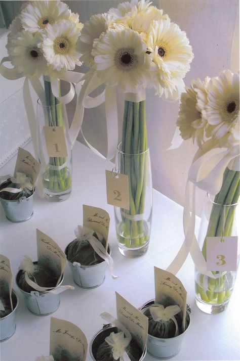 Seed packets with guests names, tin buckets, and bundles of soil were used to great a unique escort card table at Full Moon Resort by Elderberry Flowers. Daisy Wedding Centerpieces, Sitting Plan, Elderberry Flower, Tin Buckets, Blue Centerpieces, Gerbera Flower, Rope Projects, Daisy Wedding, Simple Centerpieces