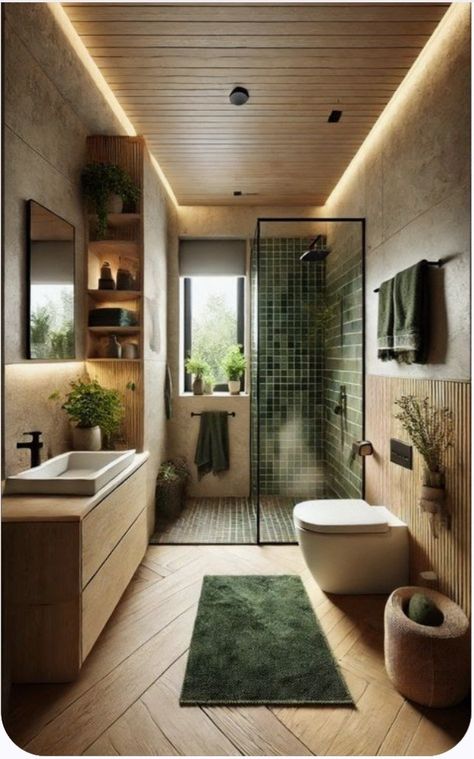 Green Tiles And Wood Bathroom, Bathroom Dark Green Tiles, Eco Bathroom Design, Natural Light Bathroom Design, Cozy Green Bathroom, Japandi Green Bathroom, Dark Green And Wood Bathroom, Dark Wood And Green Interior, Toilet Design Green