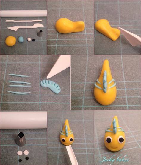 Clay Fish Tutorial, Clay Critters, Ocean Cakes, Clay Fish, Cake Topper Tutorial, Yellow Fish, Creative Idea, Pottery Crafts, Food Recepie