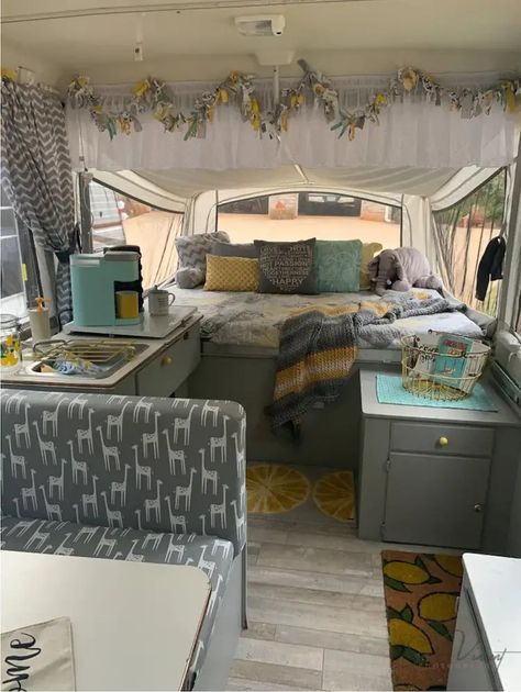 7 More Cheap And Easy Pop Up Camper Remodel Ideas - Camperville Blog Hippy Trailer, Small Camper Interior Ideas, Camper Van Interior Ideas, Camper Interior Ideas, Van Interior Ideas, Pop Up Camper Remodel, Tent Trailer Remodel, Trailer Hacks, Small Camper Interior