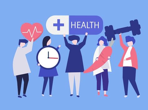 Charactes of people holding health icons... | Premium Vector #Freepik #vector #healthy #lifestyle #fitness-food #health Public Health Illustration, Health Care Design Graphics, Health Belief Model, Community Health Nursing, Public Health Nurse, Presentation Pictures, Netflix Hacks, Health Brand, Health Literacy