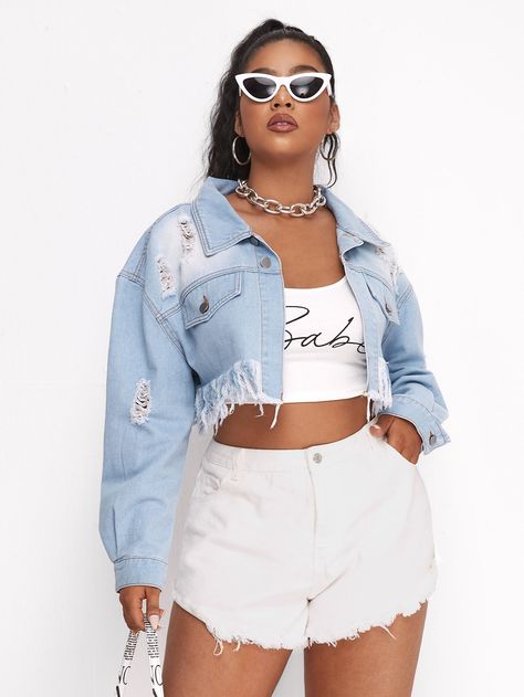 Light Wash Casual  Long Sleeve Denim Plain Other Embellished Non-Stretch  Plus Size Denim Mini Jacket Outfit, Mini Jacket, Light Wash Jean Jacket, Light Wash Denim Jacket, Denim Jacket Patches, Oversized Jean Jacket, Denim On Denim, Plus Size Denim, Distressed Jean Jacket