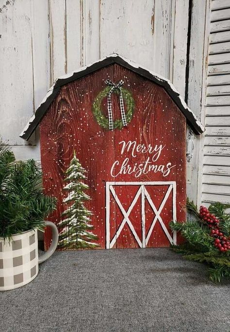 Sign Christmas Tree, Tree With Snow, Painting On Pallet Wood, Christmas Barn, Diy Christmas Lights, Christmas Tree With Snow, Barn Signs, Pallet Christmas, Wood Farmhouse