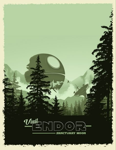 Star Wars Endor Tattoo, Endor Star Wars Aesthetic, Endor Tattoo, Endor Nursery, Endor Star Wars, Starwars Design, Star Wars Endor, Star Wars Travel Posters, Lino Ideas