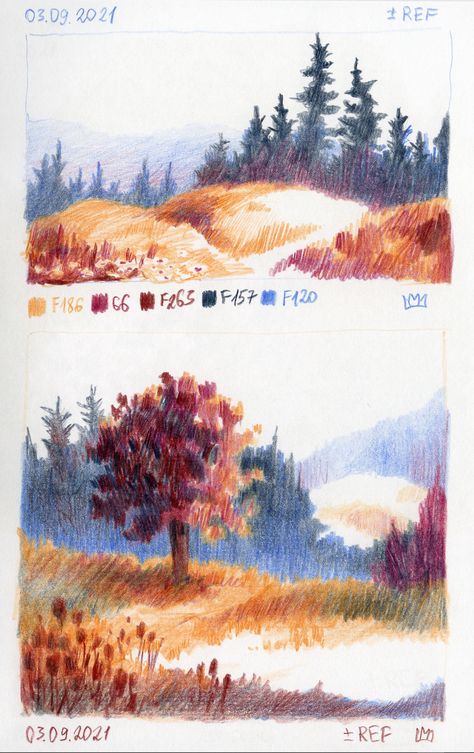 Landscape Drawing Colorpencil, Paint With Colored Pencils, Fall Art Colored Pencil, Colored Sketches Pencil, Colorful Pencil Sketches, Landscape Reference Drawing, Forest Colored Pencil Drawing, Landscape Sketch Color Pencil, Colored Pencil Reference