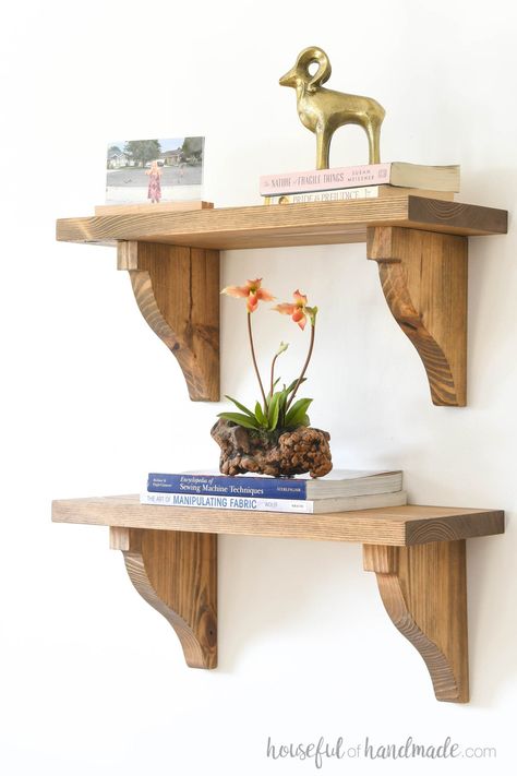 Easy DIY Wood Shelf Bracket Corbels Diy Wood Shelf, Wood Shelf Bracket, Diy Wooden Shelves, Small Wooden Shelf, Kitchen Shelf Brackets, Wooden Shelf Brackets, Diy Shelf Brackets, Wood Shelf Brackets, Diy Wood Wall