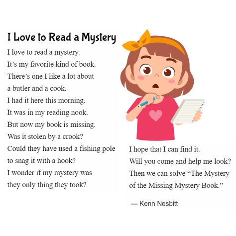 New funny poem for kids: "I Love to Read a Mystery" https://poetry4kids.com/poems/i-love-to-read-a-mystery/ #mystery #mysterynovel #mysterybook #poetry #reading #children #kidlit Funny Poems For Kids, Poetic Techniques, Poem For Kids, English Poems For Kids, English Poems, Flag Drawing, Classroom Songs, Poetry Activities, I Love To Read