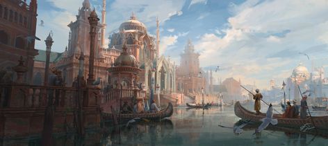 ArtStation - Fantasy water city, Ryan Fantasy Water City, Water City, Fantasy City, Fantasy Places, Unique Architecture, Fantasy Art Landscapes, Digital Art Illustration, Dungeon Master, Ethereal Art