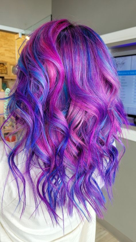 Blonde Pink Purple Blue Hair, Pink And Purple And Blue Hair, Pastel Galaxy Hair, Pink And Blue Hair Dye Ideas, Purple With Pink Highlights, Blue Hair With Pink Highlights, Blue And Purple Hair Color, Blue Hair With Blonde Highlights, Pulpriot Haircolor