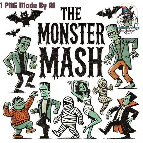 Monster Mash Illustration, Monster Mash Aesthetic, Classic Monster Decor, Vintage Halloween Monsters, Classic Halloween Monsters, Monster Mash Decorations, Halloween Monsters Illustration, Classic Monsters Vintage Horror, Monster Mash Halloween Party